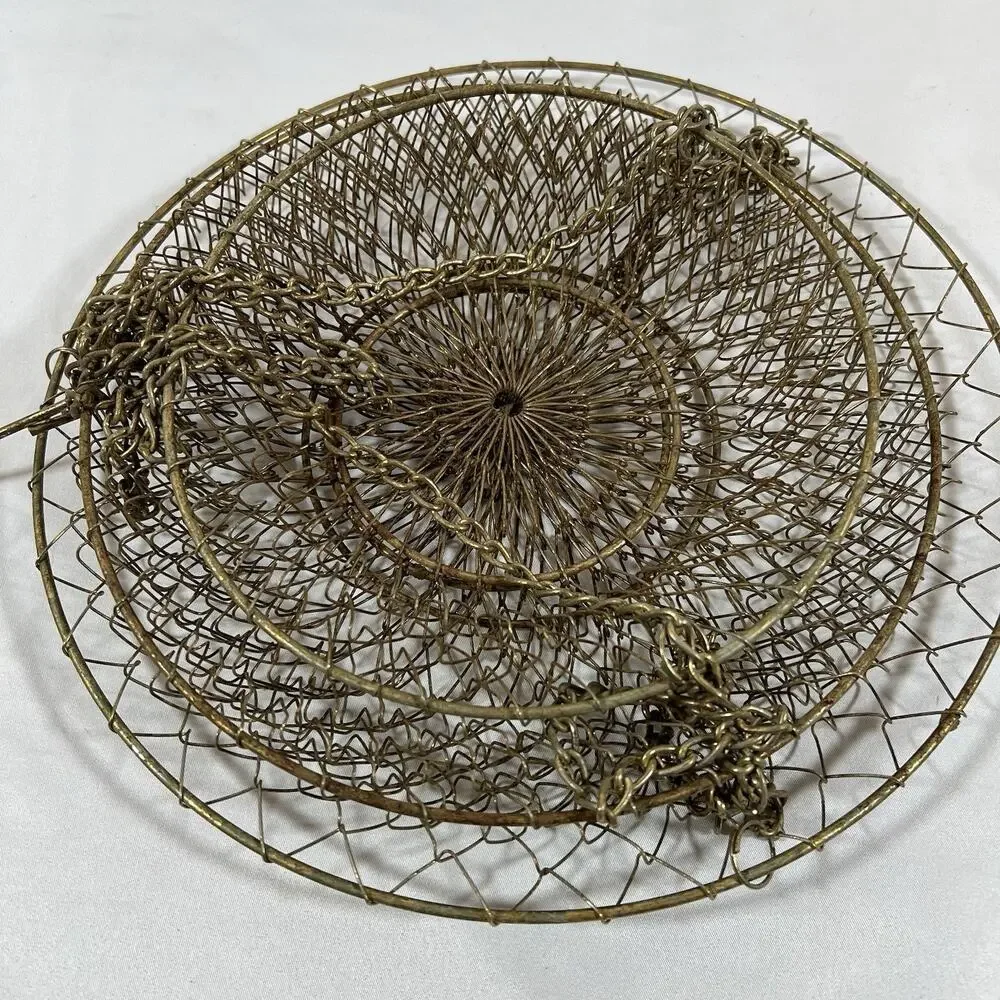 Vintage 3 Tier Distress Brass Gold Patina Metal Hanging Wire Fruit Basket